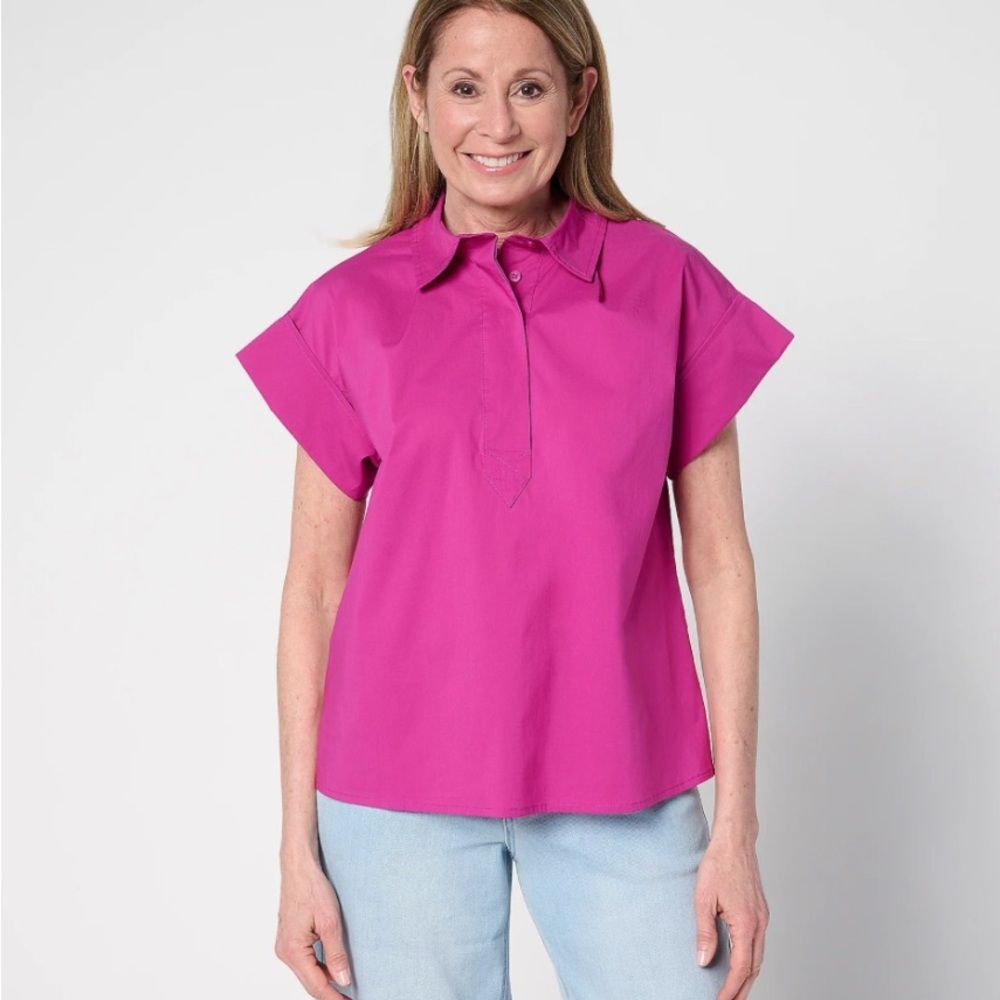 Carla Rockmore Collection Cotton Poplin Short Sleeve Henley Shirt Orchid Pink S